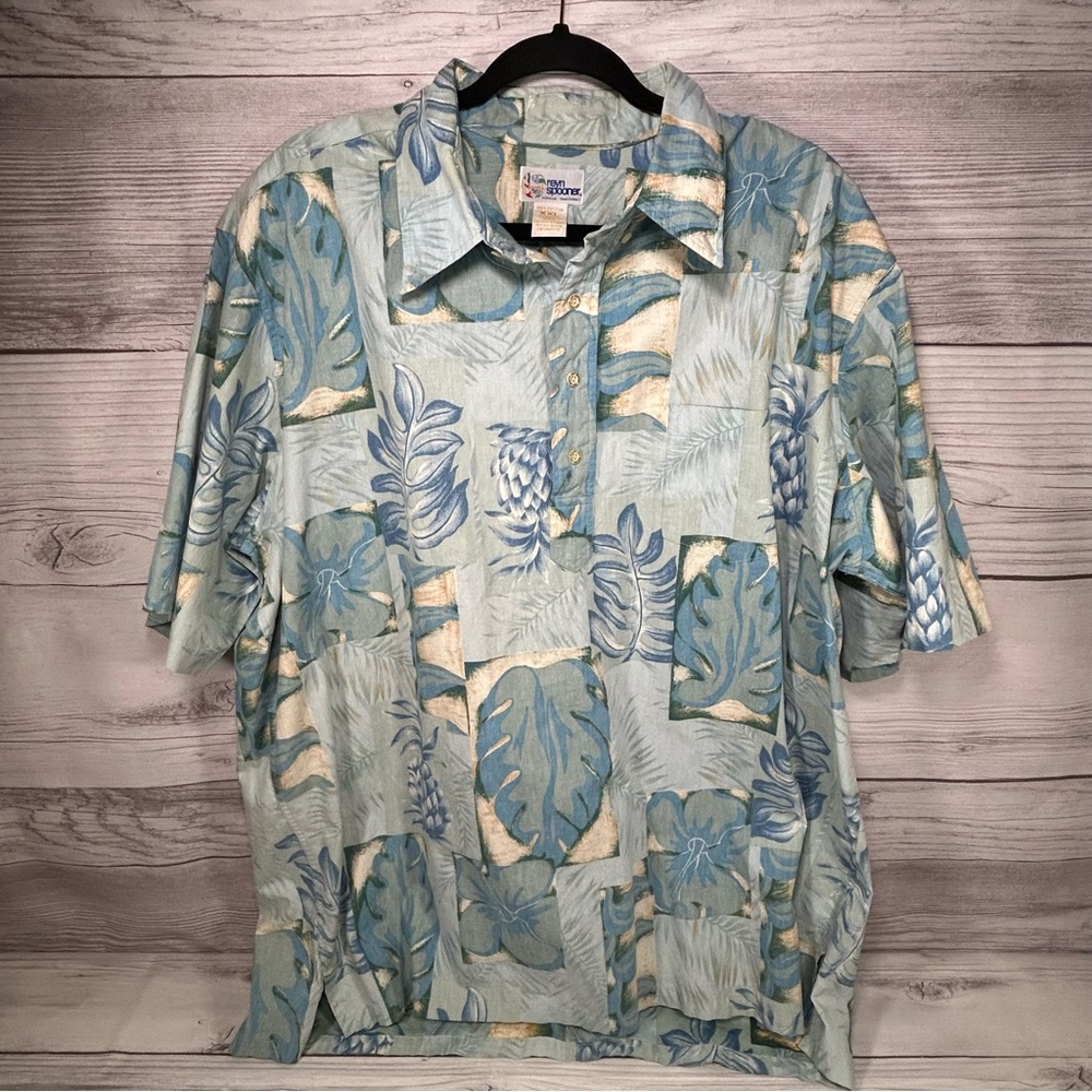 Reyn Spooner Hawaiian Shirt VTG 90s Blue Floral Reverse Print Popover Pullover